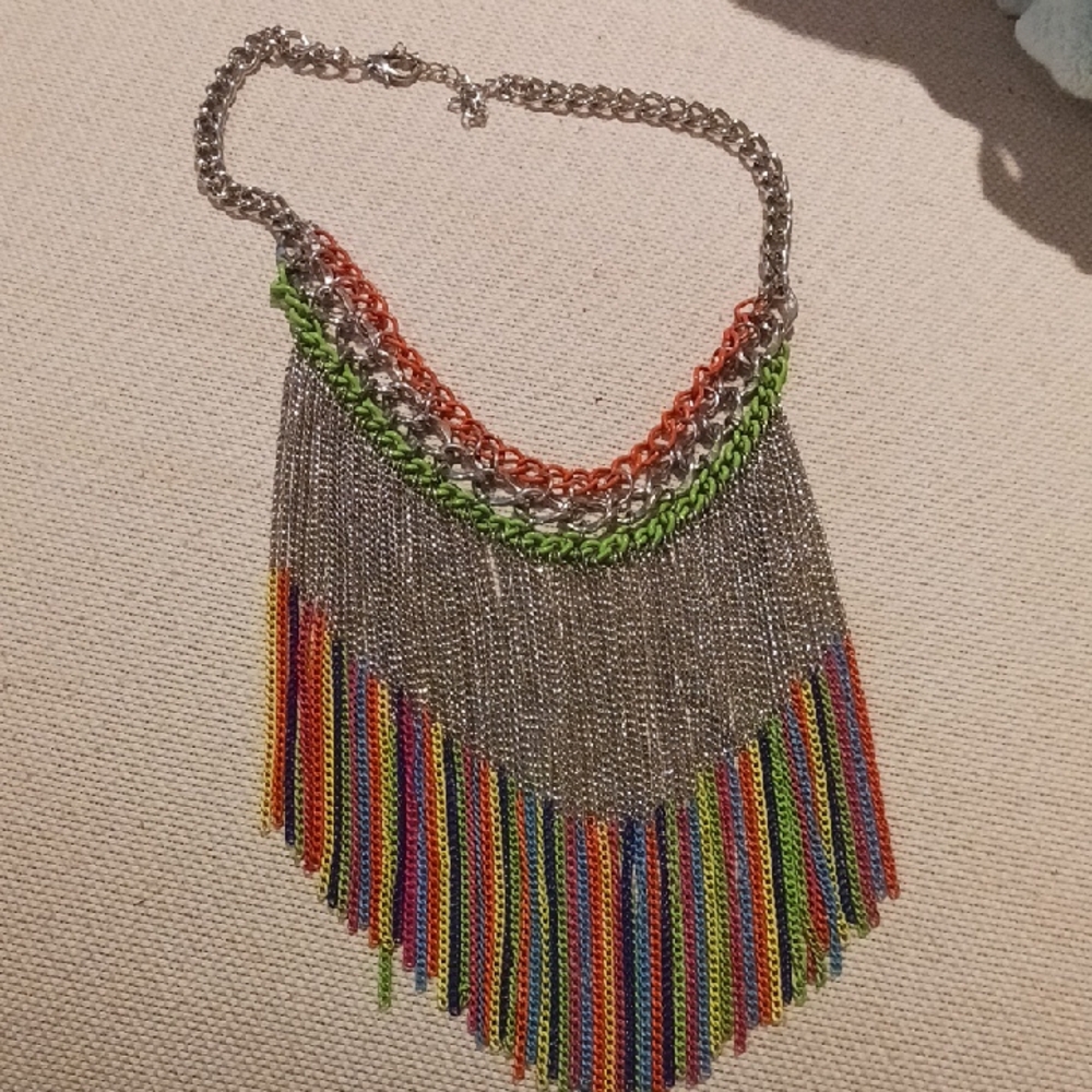 Colorful Fringe Necklace with Silver Chains